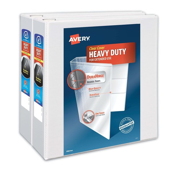 Avery Heavy-Duty Non Stick View Binder, 3 Rings, 4" Cap, 11x8.5, White, PK2 79875